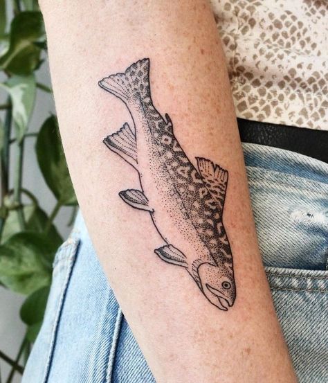 Black Fish Tattoo Design, Men’s Outdoors Tattoo, Walleye Fish Tattoo, Fishing Inspired Tattoos, Steelhead Tattoo, Fish Knee Tattoo, Salmon Tattoo, Trout Tattoo, Animal Sleeve