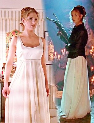 Buffy White Dress, Buffy Prom Dress, Buffy The Vampire Slayer Outfits Season 1, Buffy Fashion, Buffy Dress, Baby Blue Pants, Buffy Style, Light Blue Cardigan, Fancy Clothes