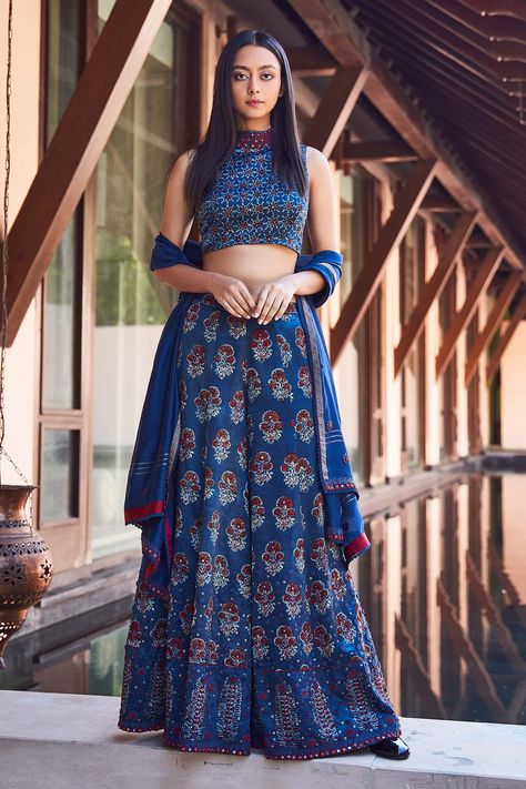 Shop for these amazing collections of Blue Satin Ajrakh Print Pant And Crop Top Set For Women by Payal Jain online at Aza Fashions. Plazo Outfits, Skirt And Top Indian, Stylish Kurtis Design, Navratri Dress, Print Pant, Embroidered Crop Tops, Saree Designs Party Wear, Crop Top Set, Kurta Designs Women