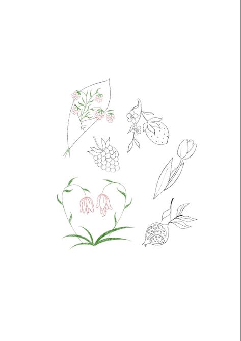 Spring Flash Tattoo, Fairy Aesthetic Tattoo Designs, Cottage Core Patchwork Tattoo, Simple Fairycore Tattoo, Cottagecore Floral Tattoo, Blackberry Tattoo, Soft Tattoo, Simple Flower Tattoo, Fruit Tattoo