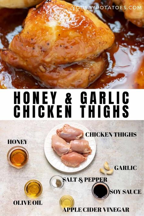 This recipe for Baked Honey Garlic Boneless Skinless Chicken Thighs is bursting with flavor. It's also easy enough that you can make it on busy weeknights, but special enough for company. Serve it with rice, potatoes, or grains with a side of vegetables for a well-rounded meal! Baked Boneless Chicken, Chicken Thighs In Oven, Baked Honey Garlic Chicken, Baked Boneless Chicken Thighs, Dark Inner Thighs, Chicken Thigh Marinade, Garlic Chicken Thighs, Chicken Thights Recipes, Honey Garlic Chicken Thighs