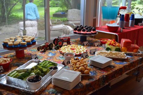 Train Party Appetizer Table Party Appetizer Table, Tractor Birthday Party Food, Appetizer Tables, Appetizer Table, Party Chicken, Tractor Birthday Party, Appetizers Table, Fresh Egg, Tractor Party