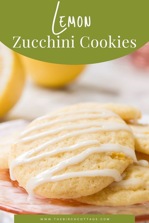 This lemon zucchini cookies recipe is made using shredded zucchini and lemon zest. It's a versatile cookie recipe that you can change up by adding vanilla extract or walnuts. Find the full recipe on The Birch Cottage blog! Lemon Zucchini Bars, Lemon Zucchini Recipes, Zucchini Lemon Cookies, Zucchini Recipes Cookies, Cookie Recipes Lemon, Zucchini Cookies Recipes, Zucchini Cookies With Lemon Glaze, Healthy Lemon Zucchini Bread, Zucchini Muffins Lemon