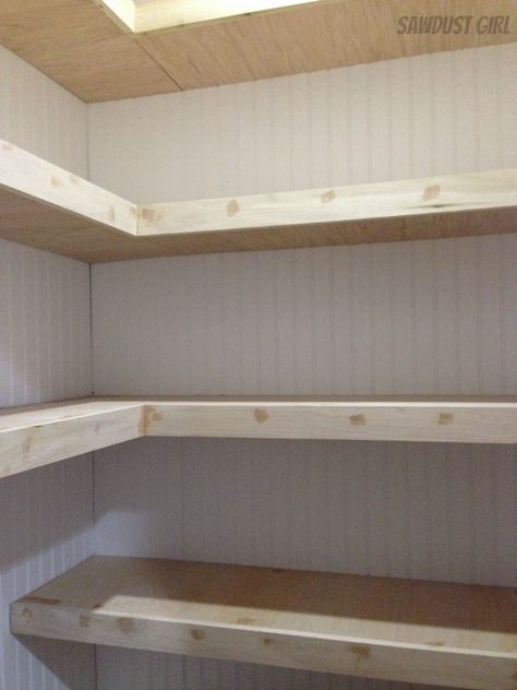 How to Build Corner Floating Shelves - Sawdust Girl® Shelves For Pantry, Make Floating Shelves, How To Make Floating Shelves, Regal Bad, Sawdust Girl, Farmhouse Pantry, Diy Regal, Floating Shelves Kitchen, Pantry Remodel