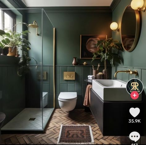 Olive Green Bathrooms, Dark Green Bathrooms, Dark Bathroom Ideas, Green Tile Bathroom, Dark Bathrooms, Home Decor Aesthetic, Interior Design Per La Casa, Aesthetic Home Decor, Bathroom Design Decor