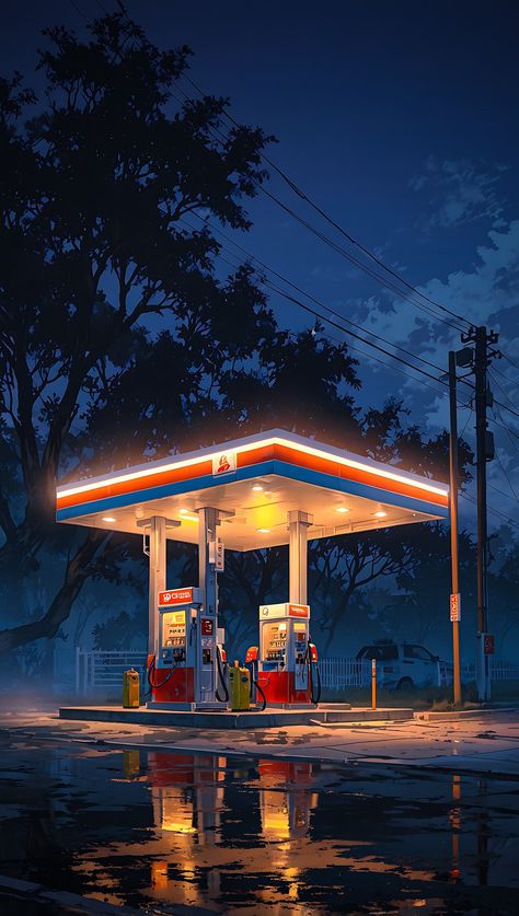 Lofi Aesthetic Wallpaper Night, Cartoon Wallpaper Hd Iphone Wallpapers, Creepy Gas Station, Gas Station Drawing, Night Wallpaper Iphone, Photowall Ideas, Dreamy Artwork, Pop Art Wallpaper, Art Gallery Wallpaper