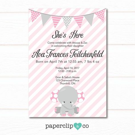 Elephant Baby Arrival, Pink Stripes, New Baby Invitation, Meet and Greet, Sip and See Invite, Pink and Grey Polka dots, Girl Invitation, by paperclipandcoshop on Etsy Pink Stripes Background, Baby Elefant, Sip And See, Fantastic Baby, Baby Sleep Problems, Meet And Greet, Baby Invitations, Baby Arrival