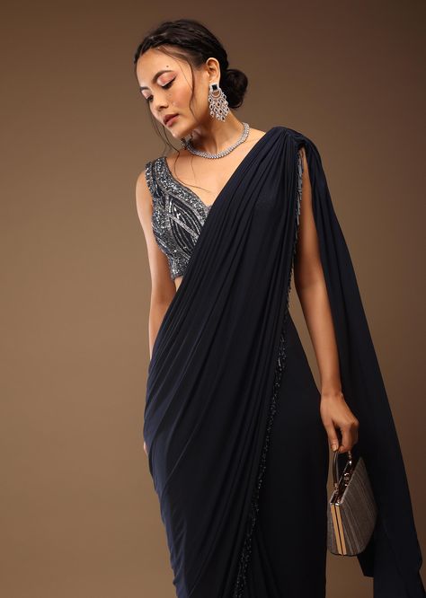 Buy Mood Indigo Blue Ready-Pleated Saree With A Crop Top In Sequins Embroidery Corset Neckline With A Tie-Up Tassel Dori At The Back Midnight Blue Saree, Modern Saree Party Wear, Saari Designs Latest, Saree Look Modern, Kalki Saree, Saree Styles Modern Classy, Saree Styles Modern, Saree Jumpsuit, Corset Neckline