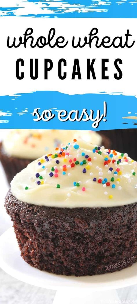 100% Whole Wheat Chocolate Cupcakes (gluten-free, all-purpose options) - Texanerin Baking Desserts Made With Whole Wheat Flour, Fresh Milled Flour Cupcakes, Whole Wheat Flour Desserts, Whole Wheat Dessert Recipes, Whole Wheat Cake Recipe, Milling Flour, Flour Desserts, Wheat Cake Recipe, Paleo Chocolate Cupcakes