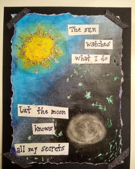 The sun watches what I do, but the moon knows all my secrets. The Sun Watches What I Do But The Moon, Moon Knows All My Secrets, Aesthetic Journal, Moon Art, Art Journal Pages, Sun Moon, Face Art, Journal Pages, Journal Ideas