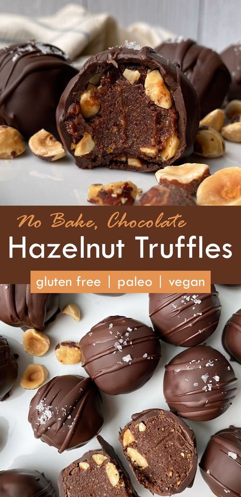 These Chocolate Hazelnut truffles have a creamy chocolate and hazelnut nut filling that's coated in crushed hazelnuts and dipped in dark chocolate. These chocolate truffles are paleo, vegan and no bake! Vegan Chocolate Candy Recipes, Chocolate Hazelnut Truffles, Hazelnut Truffles Recipe, Healthy Ferrero Rocher Balls, Vegan Truffles Recipe, Hazelnut Recipes Healthy, Healthy Truffle Recipes, Roasted Hazelnut Recipes, Hazelnut Recipes Desserts