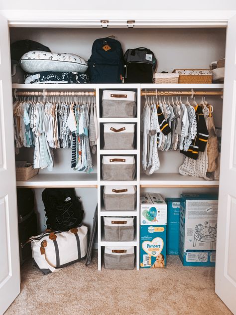 Nursery With Open Closet, Closet Organization For Nursery, Nursery Closet Ideas Diy, Nursery Clothing Storage, Nursery Closet Built In, Closet Storage Nursery, Nursery Room Closet Ideas, Closet Organization Ideas Nursery, Children Closet Organization