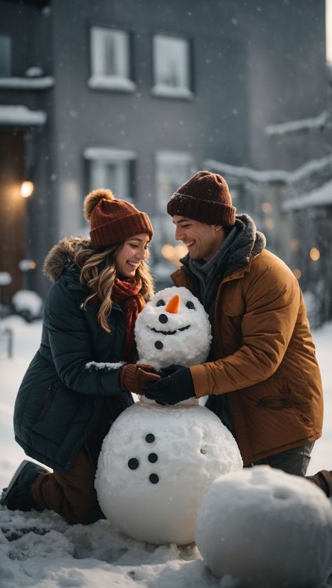 "Winter Fun: Building a Snowman Together" Christmas Love Couple, Winter Couple Pictures, Building A Snowman, Snow Couple, Snow Photoshoot, Couples Holiday, Heartwarming Photos, Couple Activities, Snow Pictures