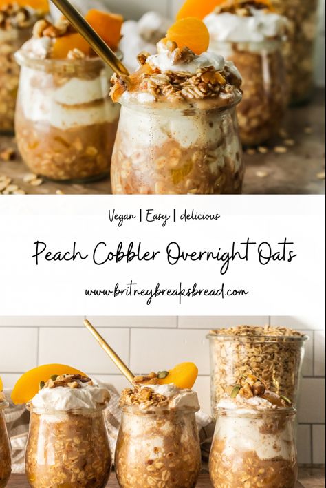 Ok seriously, these Peach Cobbler overnight Oats taste JUST like Peach Cobbler! It's SO good, easy to make, and tastes indulgent without all of the calories! This recipe is easy to make and is ideal for meal prepping! When I make these overnight oats on Sunday, they last until Wednesday. Of course that is if my Husband doesn't eat them all beforehand. This Peach Cobbler Overnight Oats recipe includes whole rolled oats, maple syrup, cinnamon, almond butter, almond milk, and a pinch of salt. It's Peach Crisp Overnight Oats, Overnight Oats With Cottage Cheese, Peach Cobbler Oats, Winter Overnight Oats, Summer Overnight Oats, French Toast Overnight Oats, Peach Cobbler Overnight Oats, Peaches And Cream Overnight Oats, Breakfast Staples