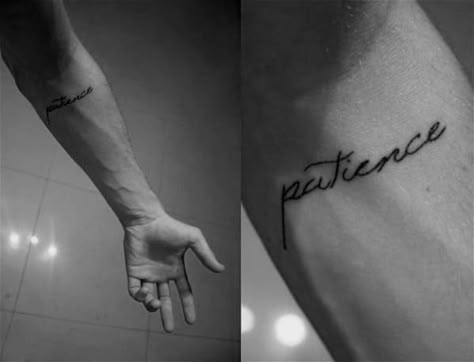 30 Patience Tattoo Designs For Men - Word Ink Ideas Patience Tattoo, Herren Hand Tattoos, First Time Tattoos, Wörter Tattoos, One Word Tattoos, Small Chest Tattoos, Small Forearm Tattoos, Wrist Tattoos For Guys, Cool Forearm Tattoos