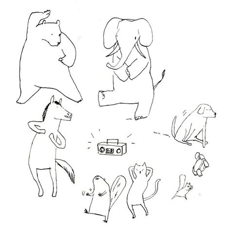 Animal Dance Party, Illustration by Graham Roumieu Dancing Elephant Illustration, Party Animal Drawing, Animal Dancing Illustration, Party Animal Tattoo, Animal Party Illustration, Dance Party Illustration, Party Animal Illustration, Dancing Animals Drawing, Dancing Animals Illustration