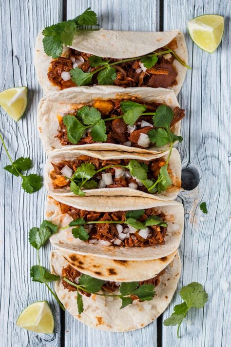 Slow Cooker Jackfruit Tacos Al Pastor - The Nut-Free Vegan Al Pastor Recipe, Burrito Bar, Jackfruit Tacos, Plant Diet, Jackfruit Recipes, Spicy Tacos, Tacos Al Pastor, Veggie Meals, Vegan Tacos