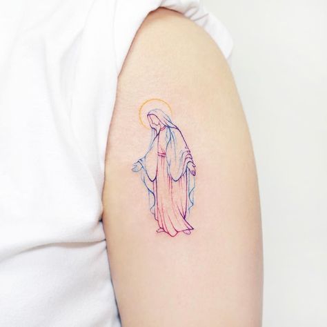 Small Virgin Mary Tattoo, Mother Mary Tattoos, Catholic Tattoos, Virgin Mary Tattoo, P Tattoo, Mary Tattoo, Tattoo Signs, Religious Tattoos, Wrist Tattoos For Women