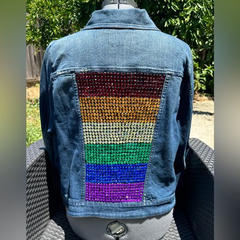 Nwot Rainbow Denim Jacket This Upcycled Jean Jacket Is One Of A Kind! Perfect For The Eras Tour, Concerts, Pride Or For Every Day Wear! The Base Of The Jacket Is A Venezia Denim Jacket. The Front And Back Of The Jacket Have Individually Placed, Faceted Acrylic Gemstones In The Colors Of A Standard Rainbow And Are Fixed With A Permanent Bond Adhesive. Please Note That As With Any Item That Has Gemstones, Over Time One May Become Loose And Due To Being Hand Applied There May Be Imperfections. Jack Toddler Quilt, Whale Print, Upcycle Jeans, Rainbow Pride, Flannel Fabric, Soft Flannel, Eras Tour, Jean Coat, Jean Jacket