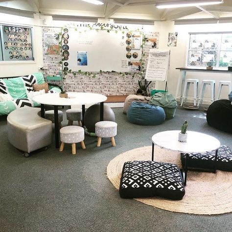 This is such a beautiful flexible seating classroom from @teaching6 ! We love all the options she has provided for her students.… Coffee Shop Reading Corner Classroom, Awesome Classroom Decor, White Brick Classroom Decor, Modern Classroom Furniture, Classroom Modern Design, Brick Bulletin Board Ideas, Brick Bulletin Board Classroom, Brick Wall Classroom Decor, Classroom Reading Nook Ideas