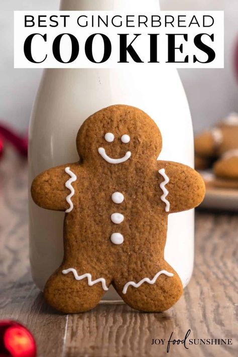 This gingerbread cookie recipe makes soft & chewy, perfectly spiced, molasses-sweetened holiday cookies that are everyone's favorite. This gingerbread man recipe rolls well into shapes and the glaze hardens with a beautiful shine so they can be packaged and given as gifts. Gingerbread Man Cookie Recipe, Gingerbread Man Recipe, Xmas Goodies, Gingerbread Recipes, Gingerbread Cookie Recipe, Best Gingerbread Cookies, Cookie Glaze, Molasses Cookies Recipe, Soft Cookie Recipe