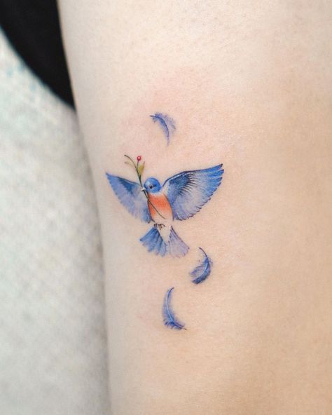 Small Bird Tattoo Color, Bird Tattoos For Women Color, Blue Bird Memorial Tattoo, Small Bird Wrist Tattoos For Women, Bluebird With Flowers Tattoo, Eastern Blue Bird Tattoo, Fine Line Bluebird Tattoo, Bluebird Tattoos For Women, Bird And Bee Tattoo