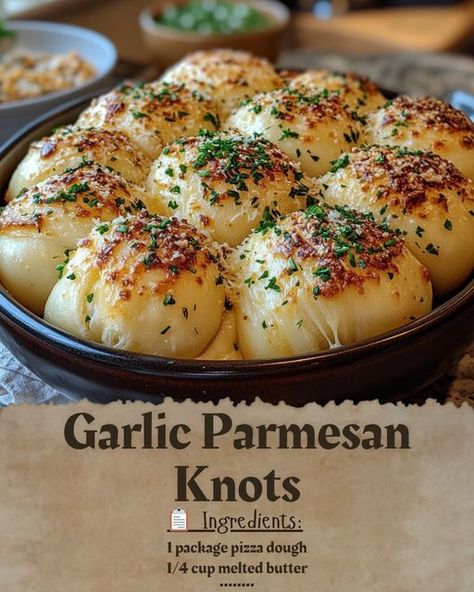 **Garlic Parmesan Knots 🧄🧀** **Ingredients:** - 1 package pizza dough - 1/4 cup melted butter - 1/4 cup grated Parmesan cheese - 2 cloves garlic, minced - 1 tablespoon chopped parsley **Instructions:** 1. **Preheat the Oven**: Set your oven to 400°F (200°C) and grease a baking sheet. 2. **Prepare the Dough**: Roll out the pizza dough and cut it into strips. Twist each strip into a knot and arrange them on the prepared baking sheet. 3. **Bake the Knots**: Bake for 10-12 minutes, or until ... Twisted Cheese Bread, Garlic Butter Knots, Garlic Knots Pizza Dough, Garlic Knot Pizza, Parmesan Knots, Garlic Parmesan Knots, Perfect Pizza Crust, Christmas Catering, Garlic Knots Recipe