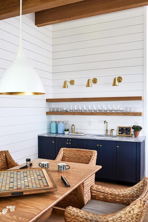 Design Ideas for Wall-Mounted Floating Shelves | HGTV Shiplap Bar, Oak Floating Shelves, Floating Shelf Decor, Home Bar Design, White Shiplap Wall, Shiplap Accent Wall, White Shiplap, Estantes Flotantes, Eastern Shore