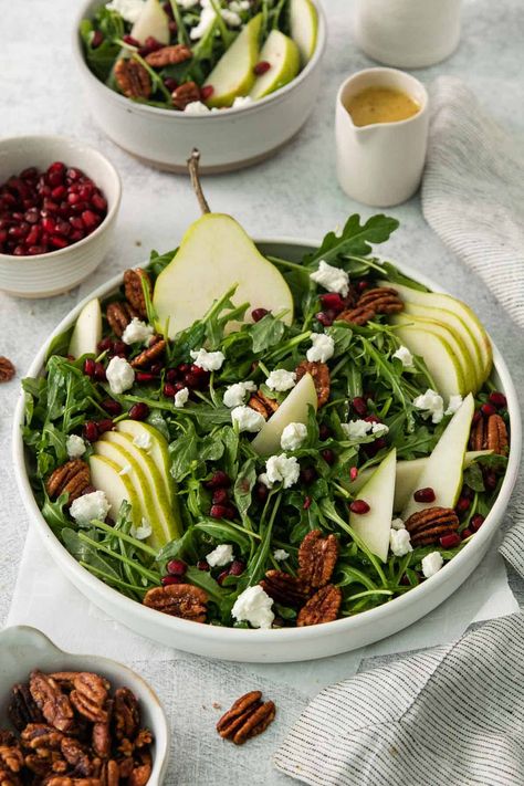 Arugula Pear Goat Cheese Salad (with Maple Vinaigrette!) - Meaningful Eats Pear And Goat Cheese Salad, Pear Goat Cheese Salad, Mirrorball Party, Arugula Goat Cheese Salad, Pear Goat Cheese, Salad With Maple Vinaigrette, Pear Walnut Salad, Meaningful Eats, Suddenly Salad