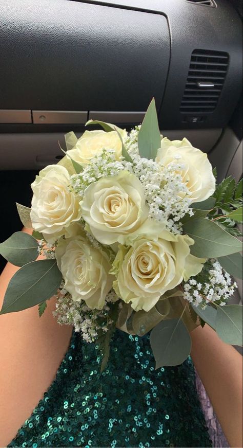 Green Dress Flower Bouquet, Green Boquet Prom, Emerald Green Homecoming Flowers, Green Prom Dress Bouquet, Flowers For Emerald Green Dress, Prom Flowers With Green Dress, Prom Flowers Bouquet Emerald Green Dress, Sage Prom Couple, Prom Bouquets For Blue Dress