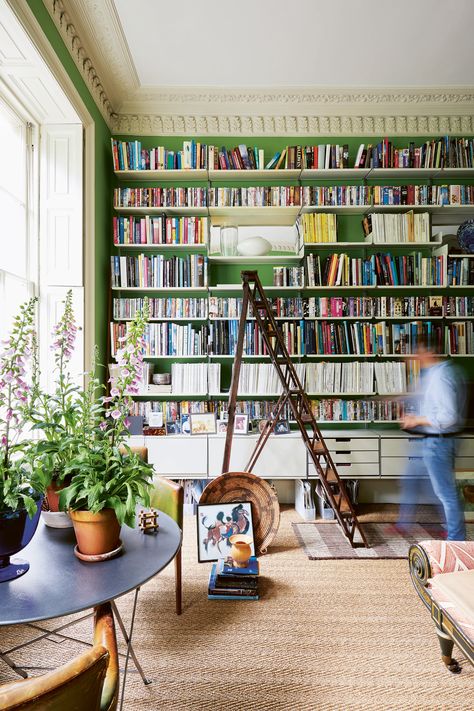 Bookcase Inspiration, Pale Blue Walls, Alternative Flooring, Brass Bed, Modular Shelving, New York Apartment, House Garden, Bath House, Blue Walls