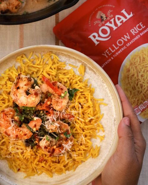 Yellow Rice And Shrimp, Creamy Garlic Shrimp Recipe, Creamy Garlic Shrimp, Yellow Rice, Red Chili Flakes, The Onion, Garlic Shrimp, Creamy Garlic, Seafood Dishes