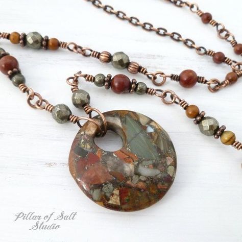 Gemstone Donut Necklace, Gemstone Donut Jewelry, Donut Jewelry, Donut Necklace, Pyrite Necklace, Red Creek Jasper, Metalsmithing Jewelry, Wire Work Jewelry, Handcrafted Artisan Jewelry