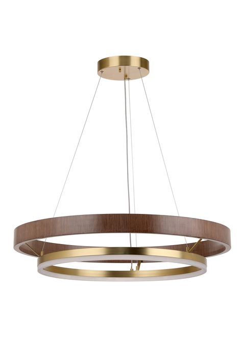 Lowe's new private brand Origin 21 LED chandelier the brushed gold match with walnut finish offers warm feel, great for modern style decor and woks well in a kitchen, bedroom, laundry room, hallway and foyer. This electromechanics with integrated LED which provide around 2000lm lighting and dimmable . the wire rope can be adjustable so you can hang it by your desirable height. Origin 21 Dunst Warm Walnut and Brushed Gold Modern/Contemporary Tiered LED Pendant Light | KXQ3101LX-02 Walnut Light Fixture, Dining Ceiling Light, Entryway Lighting Ideas, Palm Springs Style Interior, Duplex Renovation, Circular Pendant Light, Edward Jones, Modern Dining Room Lighting, Modern Farmhouse Chandelier