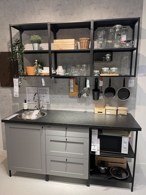 Industrial Country Kitchen, Enhet Ikea Ideas, Micro Kitchen Ideas, Ikea Enhet Kitchen, Ikea Mini Kitchen, Enhet Ikea, Ikea Small Kitchen, Small Commercial Kitchen, Micro Kitchen