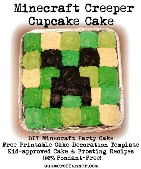 Minecraft Creeper Cupcake Cake with Printable Cake Decoration Template and Kid-Approved Cupcake and Frosting Recipes 100 Percent Fondant Free Cupcakes Decoration For Kids, Diy Minecraft Cake, Minecraft Creeper Cake, Creeper Cake, Minecraft Cupcakes, Minecraft Birthday Cake, Easy Minecraft Cake, Ideas Cupcakes, Cake Frosting Recipe