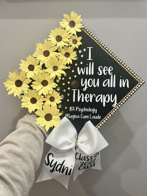 See you all in therapy glitter graduation cap Grad Cap Inspo Psychology, See You In Therapy Grad Cap, Masters Of Social Work Graduation Cap, Cap Decoration Graduation College Psychology, Counseling Grad Cap, Social Work Grad Cap Ideas, Psychology Degree Graduation Cap, Cap Decoration Graduation Psychology, Psychology Caps Graduation