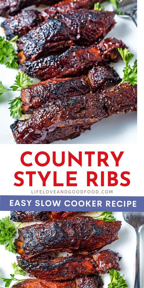 Prep these in just a few minutes, then let your crockpot do the rest! Slow cooker country style ribs are incredibly tender and melt-in-your-mouth delicious! Broil them before serving for extra caramelization. #NationalSlowCookerMonth Slow Cooker Country Style Ribs, Country Ribs Recipe, Slow Cooker Ribs Recipe, Boneless Pork Ribs, Pork Crockpot Recipes, Crockpot Ribs, Country Style Ribs, Slow Cooker Ribs, Crock Pot Recipe