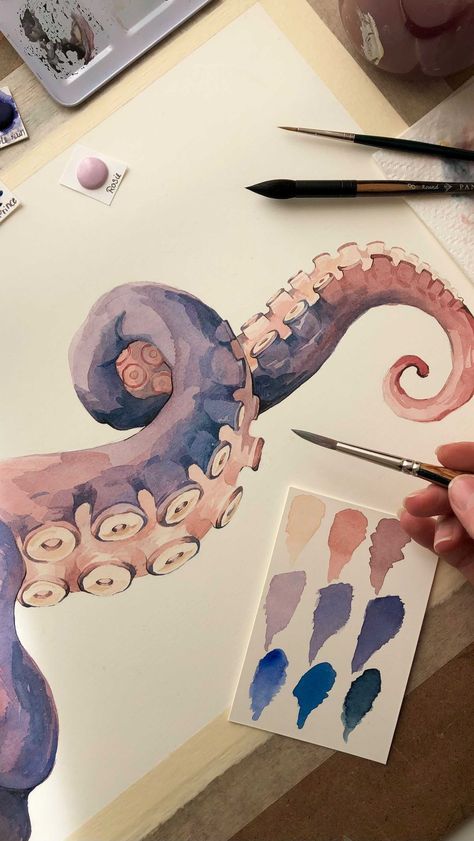 irenemeniconi_fineart on Instagram: New tentacle watercolor wip! (You can see some of my favorite watercolor tool in the last part of the video 😉) How To Color Tentacles Digital, Squid Watercolor, Tentacle Painting, Irene Meniconi Art, Irene Meniconi, Octopus Watercolor Painting, Squid Watercolor Painting, Watercolour Octopus Painting, Watercolor Octopus