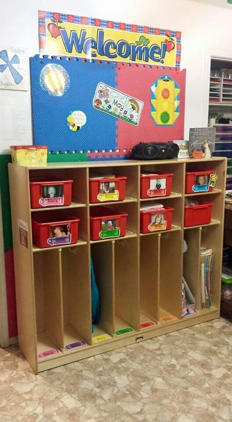 Cubbies Daycare Cubbies Ideas, Classroom Cubby Ideas, Daycare Cubbies, Preschool Cubbies, Displaying Family Pictures, Cubby Ideas, Early Learning Environments, Front Closet, S Names