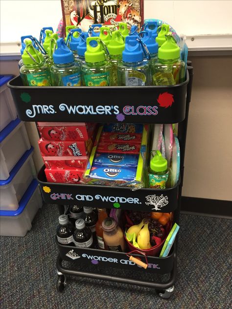 #classroompartycart #DrSuess Teacher appreciation station. staff celebration statio. n #ikeacart Ikea cart. snack cart. Silhouette cameo. Fruits and vegetables. Healthy snacks. Break room. Classroom. I made it with two sided wording. On the classroom cart unloaded it with everything need for a small classroom party. Juices boxes! A snack, picnic supplies, goodie bags Student Supply Cart, School Honor Roll Celebration Ideas, Classroom Self Care Station, Classroom Care Closet, School Snack Cart, Self Serve Snack Station, Classroom Snack Station, Hydration Station Classroom, Sunshine Cart For Teachers