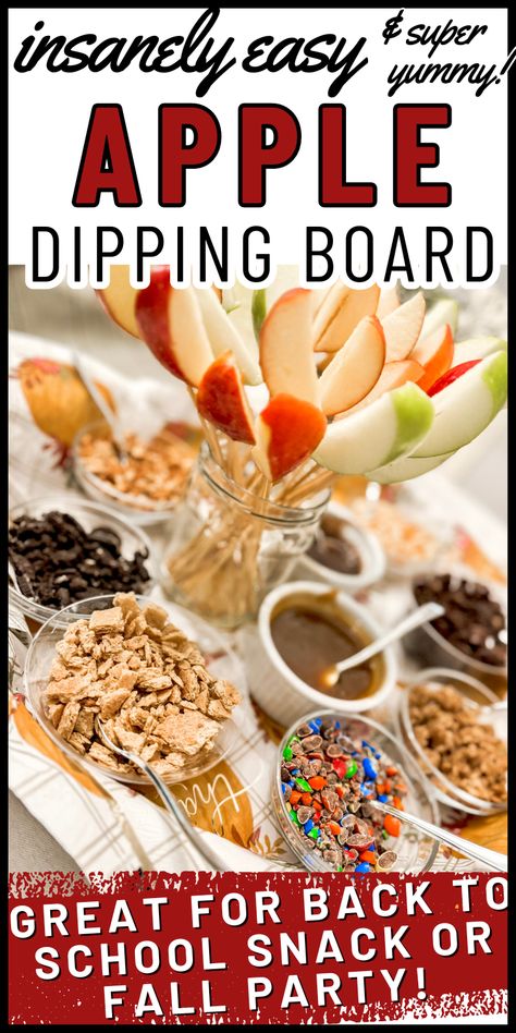 Try a board that goes beyond caramel apple slices! This is an easy apple dipping charcuterie board and it's a great fall party food - or for any party! This is a delicious and healthy fall dessert board. This caramel apple board is also kid friendly - try it for the kid's table at Thanksgiving or a back to school snack - any time of year! and you have a variety of dips and toppings to choose from! Caramel Dipping Board, Fall Themed Charcuterie Board Kids, Fall Apple Dipping Station, Fall Party Fruit Ideas, Fall Kids Birthday Party Food Ideas, Make Your Own Candy Apple Bar, Apple Dip Charcuterie Board, Fall Charcuterie Dessert Board, Apple Dips Board