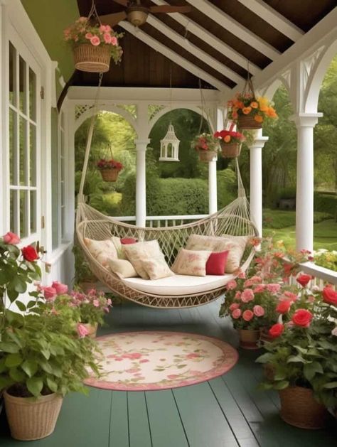 Hammock Porch Ideas, Porch Hammock Ideas, Cottage Core Porch, Porch Reading Nook, House Porch Ideas, Porch Hammock, Quaint Decor, Cozy Outdoor Patio, Modern Cottage Living Room