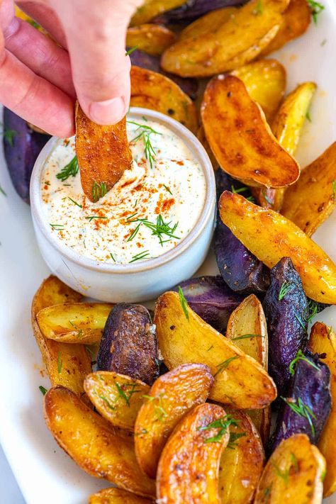 Roasted Fingerling Potatoes with Craveable Sauce Roasted Potatoes Sauce, Dip For Roasted Potatoes, Sauce For Roasted Potatoes, Potato Sauce Recipes, Fingerling Sweet Potatoes Recipe, Fingerling Potato Recipes, Inspired Taste, Sweet Potatoes Recipe, Roasted Fingerling Potatoes