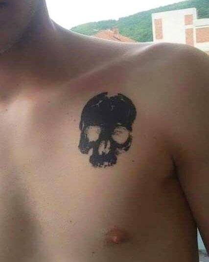 Small Skull Tattoo Mens Emo Tattoos, Y2k Skull Tattoo, Skull Belly Tattoo, Shaded Skull Tattoo, Emo Tattoos For Guys, Front Chest Tattoo, Tattoo Designs Men Chest, Skull Tattoo Shoulder, Small Skull Tattoos For Men