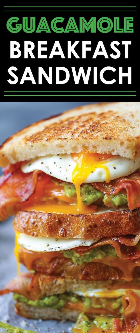 Guacamole Breakfast Sandwich - This is the absolute must-have breakfast sandwich. Crispy, buttery bread with eggs, bacon, guacamole and melted cheese!! Guacamole Breakfast, Sandwich Bar, What's For Breakfast, Chapati, Breakfast Brunch Recipes, Eat Smarter, Breakfast Time, Breakfast Sandwich, Breakfast Dishes