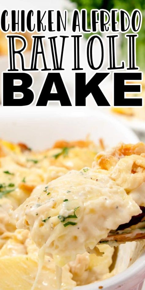 Recipe Using Ravioli, Alfredo Ravioli Bake, Chicken Alfredo Ravioli, Frozen Ravioli Recipes, Ravioli Alfredo, Alfredo Ravioli, Fetuccini Alfredo, Baked Ravioli Recipe, Chicken Ravioli