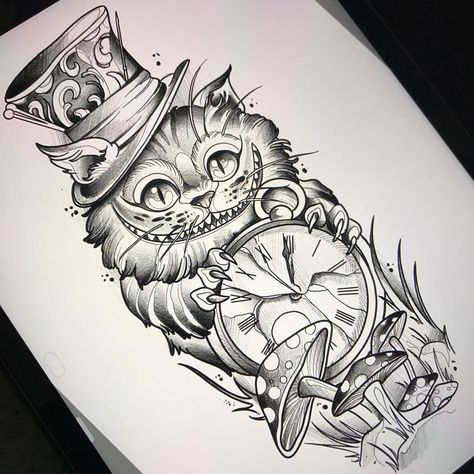 498 Likes, 10 Comments - Fede Almanzor Tattoo (@fedealmanzor) on Instagram: “We're All Mad Here ! Uno de los diseños que tatuaré en Alemania #traditional #neotraditional…” Gatto Del Cheshire, Cheshire Cat Tattoo, Alice And Wonderland Tattoos, Orca Tattoo, Tattoo Diy, Alice In Wonderland Drawings, Hamsa Tattoo, Wonderland Tattoo, Cat Tattoos