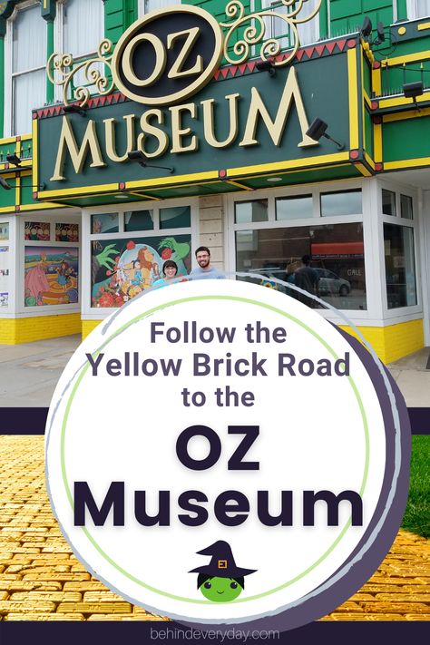 OZ Museum sign and a yellow brick path with text Follow the Yellow Brick Road to the OZ Museum Oz Museum Kansas, Wizard Of Oz Museum Kansas, Wamego Kansas, Kansas Attractions, Indiana Vacation, Addison Texas, Kansas Travel, Dorothy Dress, Road Trip Across America