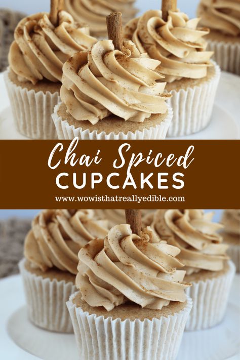 Vanilla Chai Cupcakes Recipes, Spiced Vanilla Chai Cake, Chai Vanilla Cake, Chai Spice Cupcake Recipes, Cinnamon Spice Cupcakes, Chai Cupcakes Recipe, Brown Butter Chai Cupcakes, Chai Spice Cupcakes, November Deserts